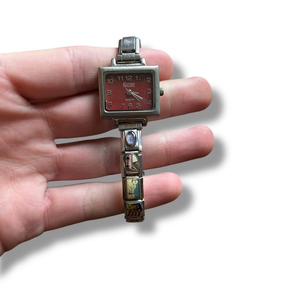 Kristine Quartz Watch Charm Bracelet Red Face Silver Tone Vintage Style - Picture 1 of 6